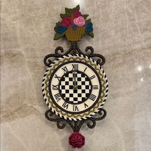 MacKenzie-Childs Black and White Checkered Wall Clock with Floral Accents